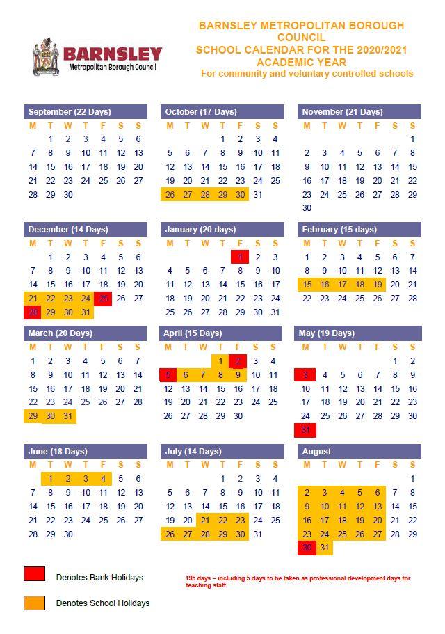 Barnsley School Holiday Calendar for the 2021/2021